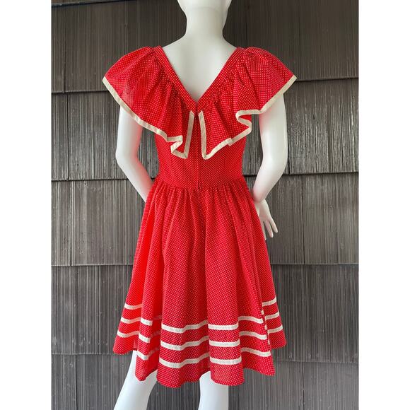 🔥Vintage 80s Swiss Polkadots Striped Ruffled Overlay Full Skirt Dopamine Dress - Picture 8 of 17